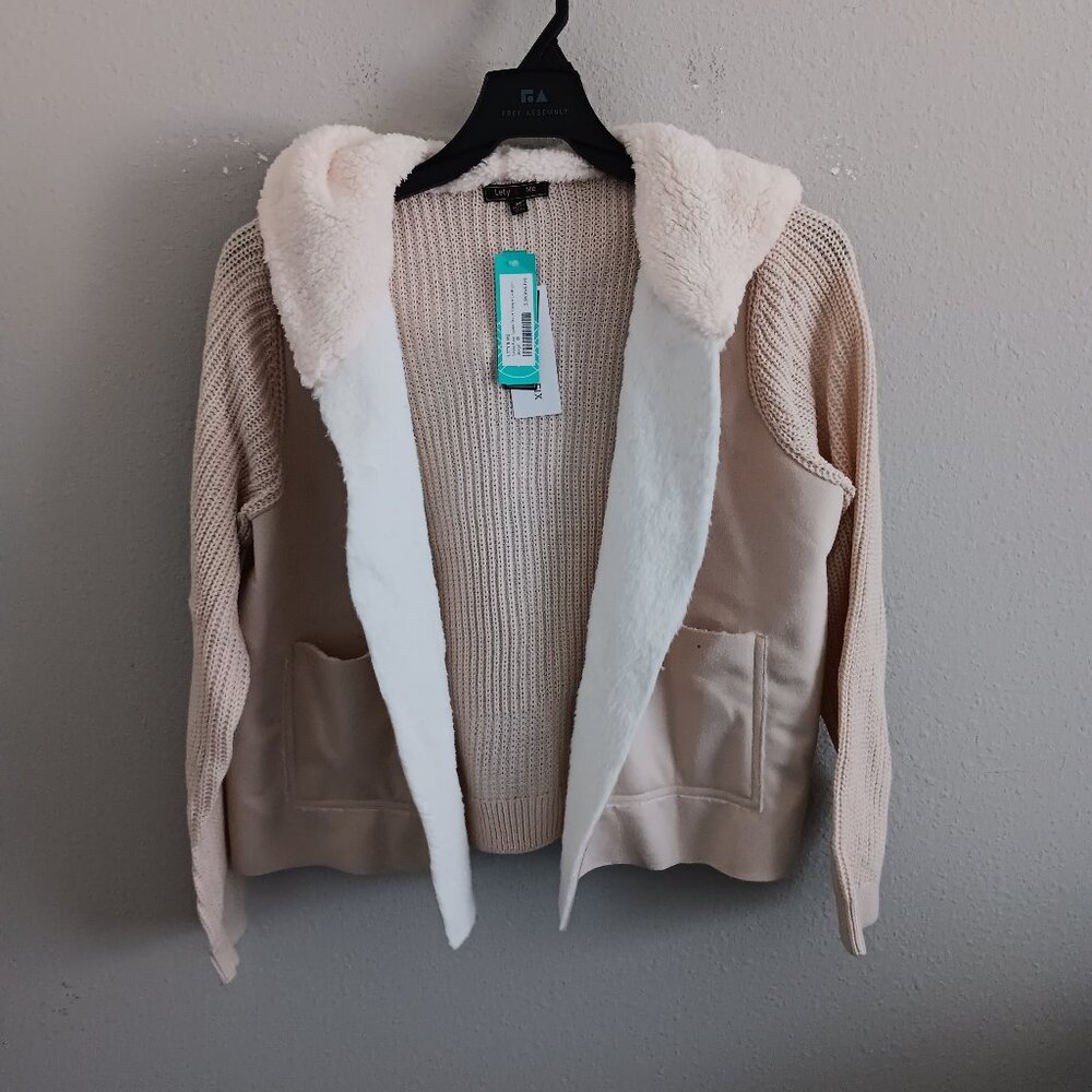 Lefty & Me Sasha Faux Suede Short Sherpa Coatigan - Beige Sz 1X 525063
